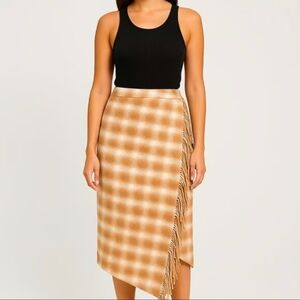 Time and Tru Fringed Faux Wrap Skirt classic plaid Mocha Splash Size X-Small New